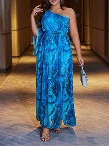Women's summer one-shoulder maxi dress with blue water ripple print and cinched waist