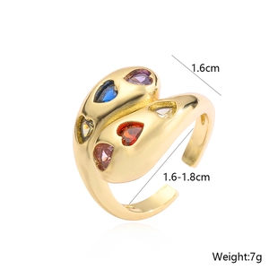 Detailed view of gold-plated heart ring with colorful zircon stones and dimensions