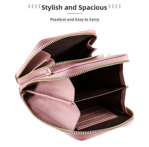 Pink multi-compartment crossbody bag detail showing interior card slots and gold zippers