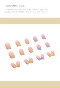 Detailed view of medium-long round press-on nails with colorful French tips and pink base