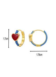 Detailed view of heart hoop earrings in gold with blue and red enamel and size markings