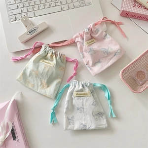 Cute cat print cotton drawstring pouch set in pink green and white for travel