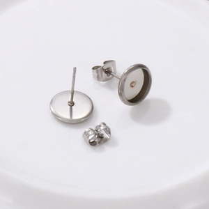 Polished silver stainless steel geometric earrings with round gemstone base trays