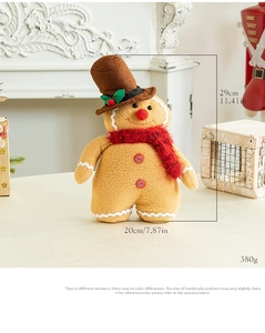 Detail of plush gingerbread man gnome with red scarf and 29cm height dimensions