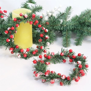 Detailed view of artificial Christmas berry wreath with frosted pine needles and snow
