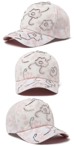 Three-view layout of a pink lace floral baseball cap with rhinestone flower accents
