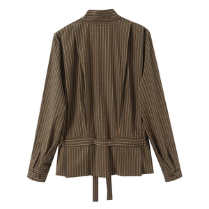 Plaid cotton shirt for women in dark brown check pattern featuring a waist tie back detail