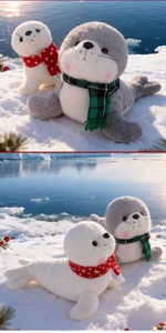 Détails de peluches otaries blanches et grises avec écharpes à motifs sur la neige