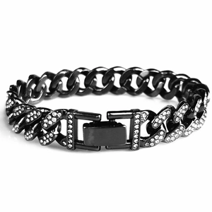 18K black metal Cuban link bracelet with 12mm wide full diamond rhinestones for men
