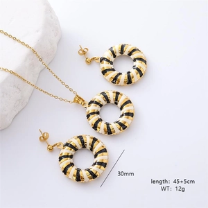 18K gold plated black and white striped enamel jewelry set with necklace and earrings