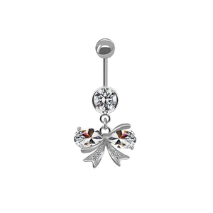 Close-up of a silver butterfly belly button ring with sparkling zircon stones and crystals