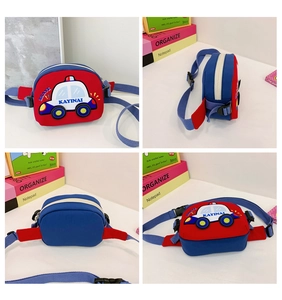 Multi-angle view of kids car chest bag showing red blue color block and 3D police car detail