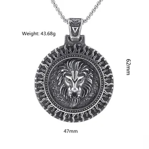 Vintage stainless steel lion head pendant necklace with measurements 62mm by 47mm