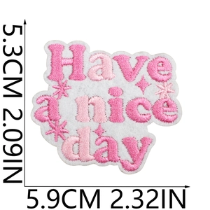 Pink heart embroidery patch with Have a nice day text and size measurements