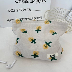 Trousse De Maquillage Broderie Florale Coton Toile Pochette Cosmétique Organisateur De Toilette Style Coréen