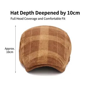 Béret rétro en velours côtelé marron à carreaux avec profondeur de calotte de 10 cm pour homme