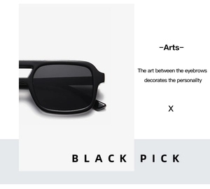 Detail of black double-bridge aviator sunglasses with retro square frames and dark lenses