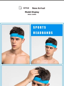 Three-way view of a bright blue high-elastic knitted sports headband for running