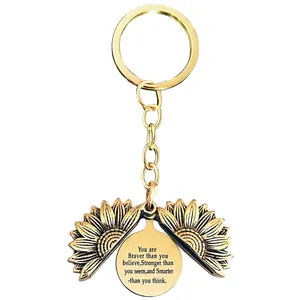 Detail of vintage gold sunflower keychain with opening petals and engraved message
