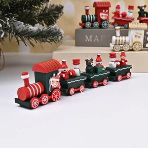 Four-section wooden Christmas train set with Santa and snowman figures for table decor