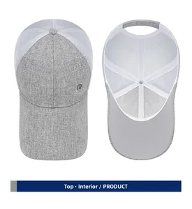 Detail view of the breathable mesh crown and inner structure of the grey linen baseball cap