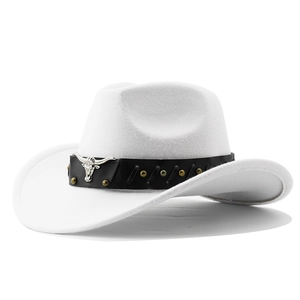 Detail of white felt cowboy hat featuring black leather band with silver bull head logo