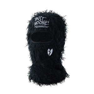 Black plush balaclava hood with Trust No One embroidery and broken heart graphic
