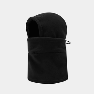 Detail view of the soft black fleece fabric and drawstring of the windproof winter face mask