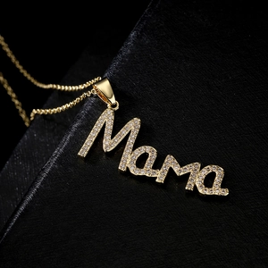 Gold plated Mother's Day necklace with Mama pendant featuring micro-pave cubic zirconia