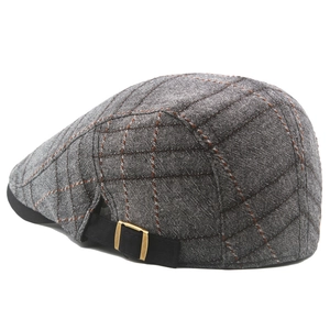 Men's summer cotton plaid flat cap in grey and brown with adjustable metal buckle strap