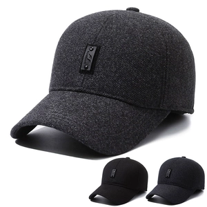 Men Winter Warm Baseball Cap With Ear Protection Windproof Woolen Blend Outdoor Sport Hat Adjustable Solid Color Casual
