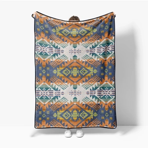 Detail showing the geometric Aztec pattern and thick texture of a flannel ethnic blanket