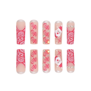 Christmas press-on nails with snowflakes, Santa patterns and rhinestones on 10pc set