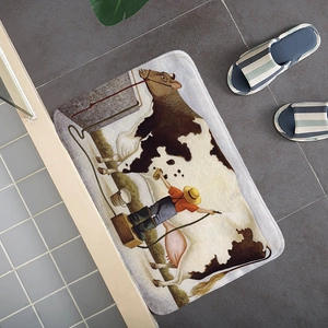 Detail of rectangular cow farm mat on grey tiles with blue striped slippers