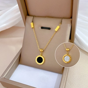 Titanium Steel Necklace With Roman Numerals Circular Pendant Mother Of Artificial Pearl Agate Clavicle Chain Minimalist Jewelry