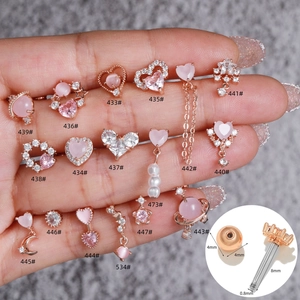 Pink heart and star rose gold ear cartilage studs with zircon and pearls for women
