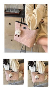 Detailed texture of pink suede tote bag featuring a cute white cloud plush pendant