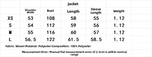 Detailed size guide table for short faux fur coat showing measurements in centimeters