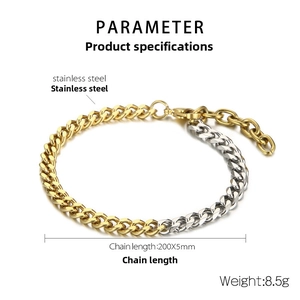 Detail of two-tone stainless steel Cuban chain bracelet with dimensions 200mm length and 5mm width