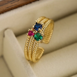 Geometric Open Ring Gold Plated Copper Colorful Zircon Multi Layer Beaded Adjustable Finger Jewelry For Women