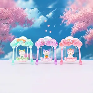 Three Nine-tailed Fox cartoon figurines in lotus swings with glittery cloud covers