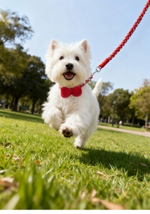 Dettaglio del guinzaglio in cotone intrecciato rosso e collare con fiocco per cani