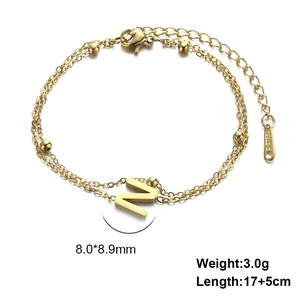 Double-layered gold stainless steel chain bracelet with letter N pendant and beads