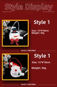 Detailed size comparison for Santa and Snowman felt gift bags with carry handles