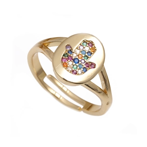 Verstellbarer goldener Hamsa-Hand Ring mit mikroverzierten bunten Zirkoniasteinen