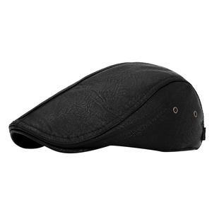 Classic black leather flat cap with side metal eyelets and textured vintage finish