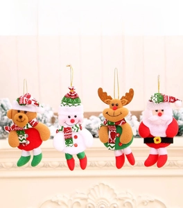 Detailed view of plush Christmas ornaments set including bear, snowman and reindeer