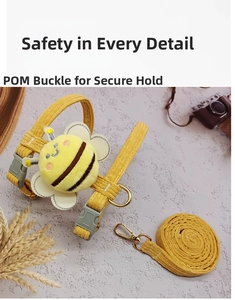Detail of bee pet harness with POM buckle and anti-escape corduroy vest design