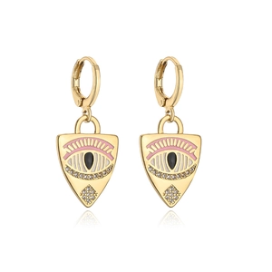 Gold plated 18K copper earrings featuring pink enamel eye and sparkling zircon stones