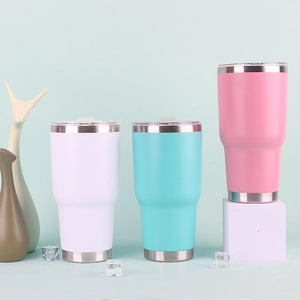 30oz stainless steel tumblers in white, blue, and pink with lids and ice decor